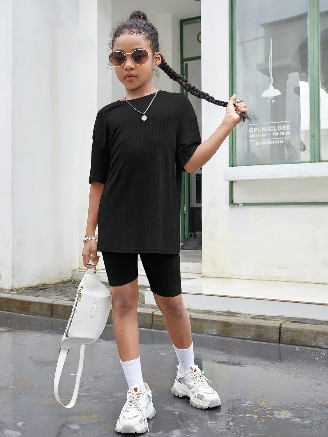 Floerns Girls Rib Knit Short Sleeve T Shirt with Biker Shorts Set 2 Piece Outfit