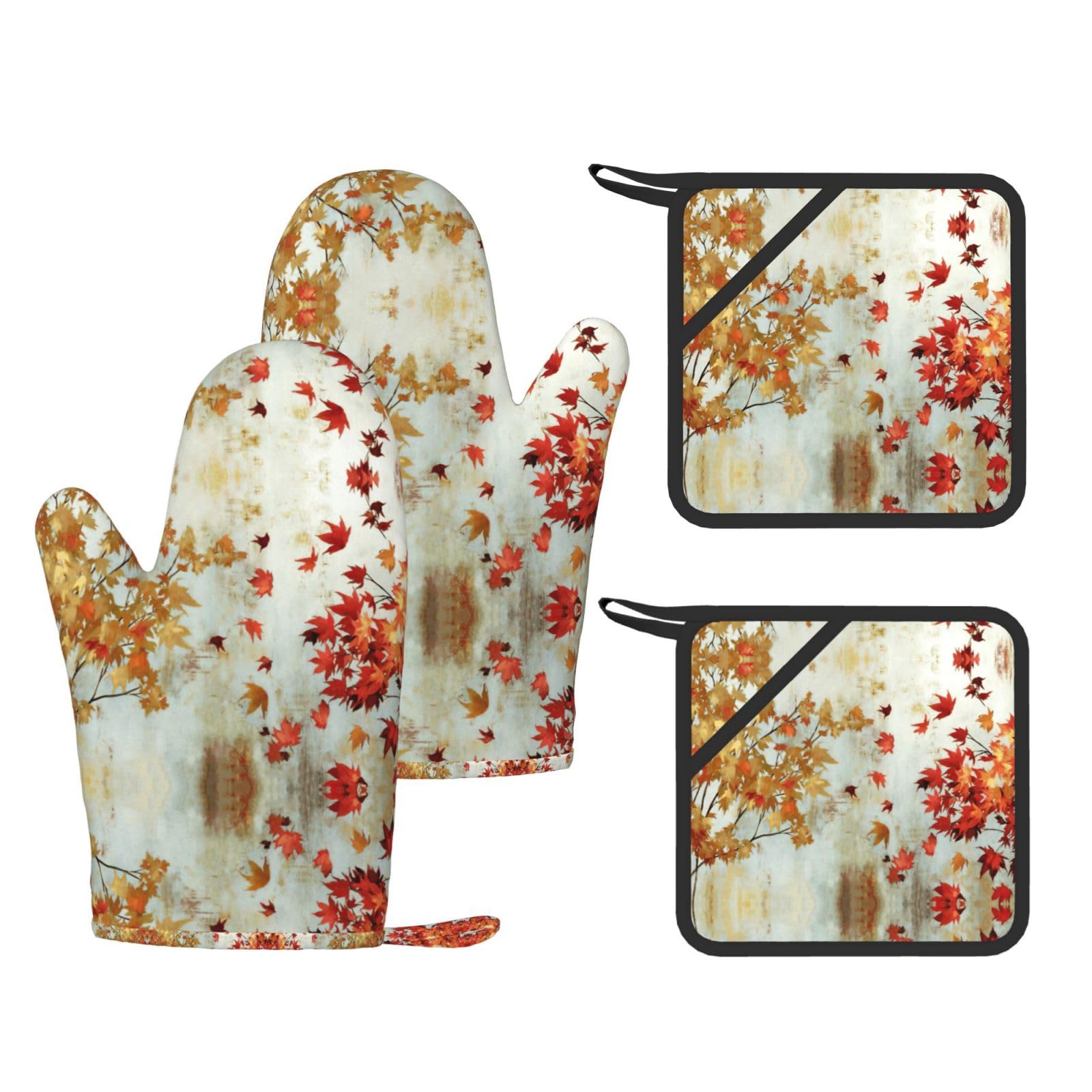 golden leaves Trendy Printed Kitchen Set with Heat Resistant Gloves & Non-Slip Hot Pads for Baking & Grilling