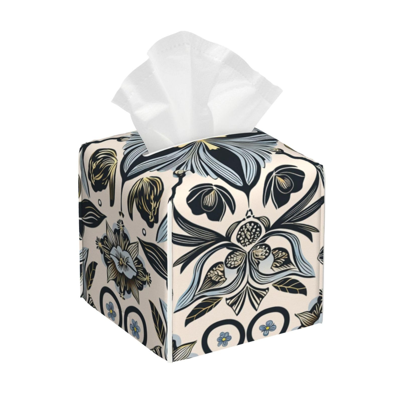 Decorative Square Tissue Box Cover, Floral Pattern, Black and Gray Roses, PVC Leather, Waterproof Lightweight, Tissues Holder with Storage (Royal Black D)