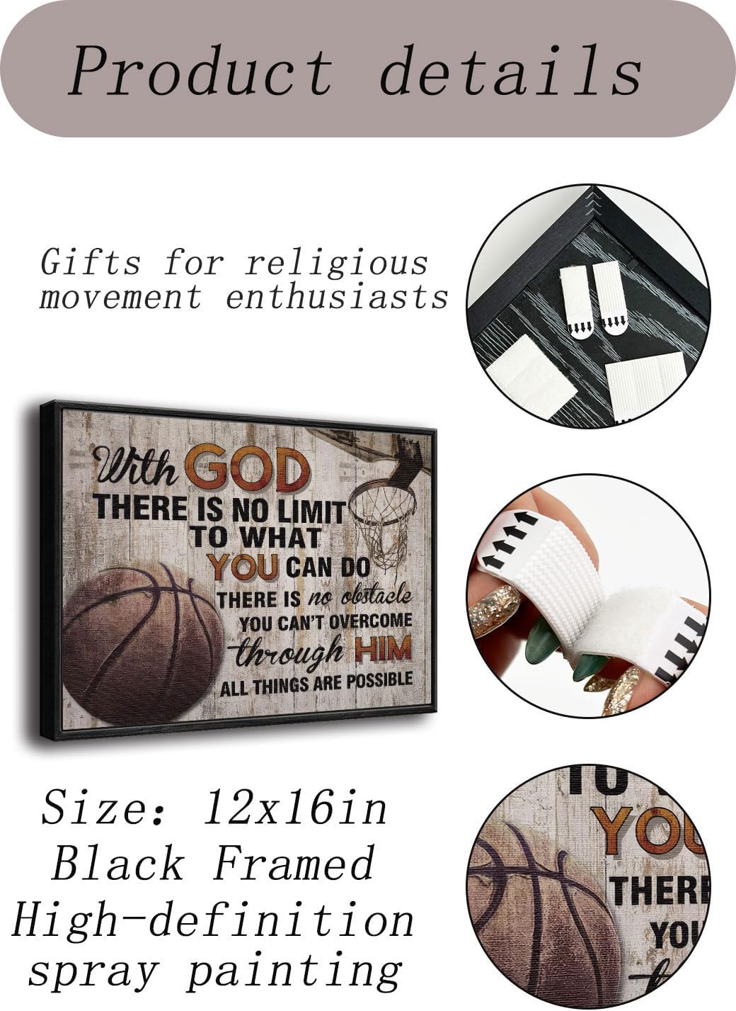 Rustic Basketball Faith Wall Art Black Framed - God Inspirational Quote Wall Decor，Gift for Men’s Cave Bedroom Christian Basketball Fans 12x16 Inches