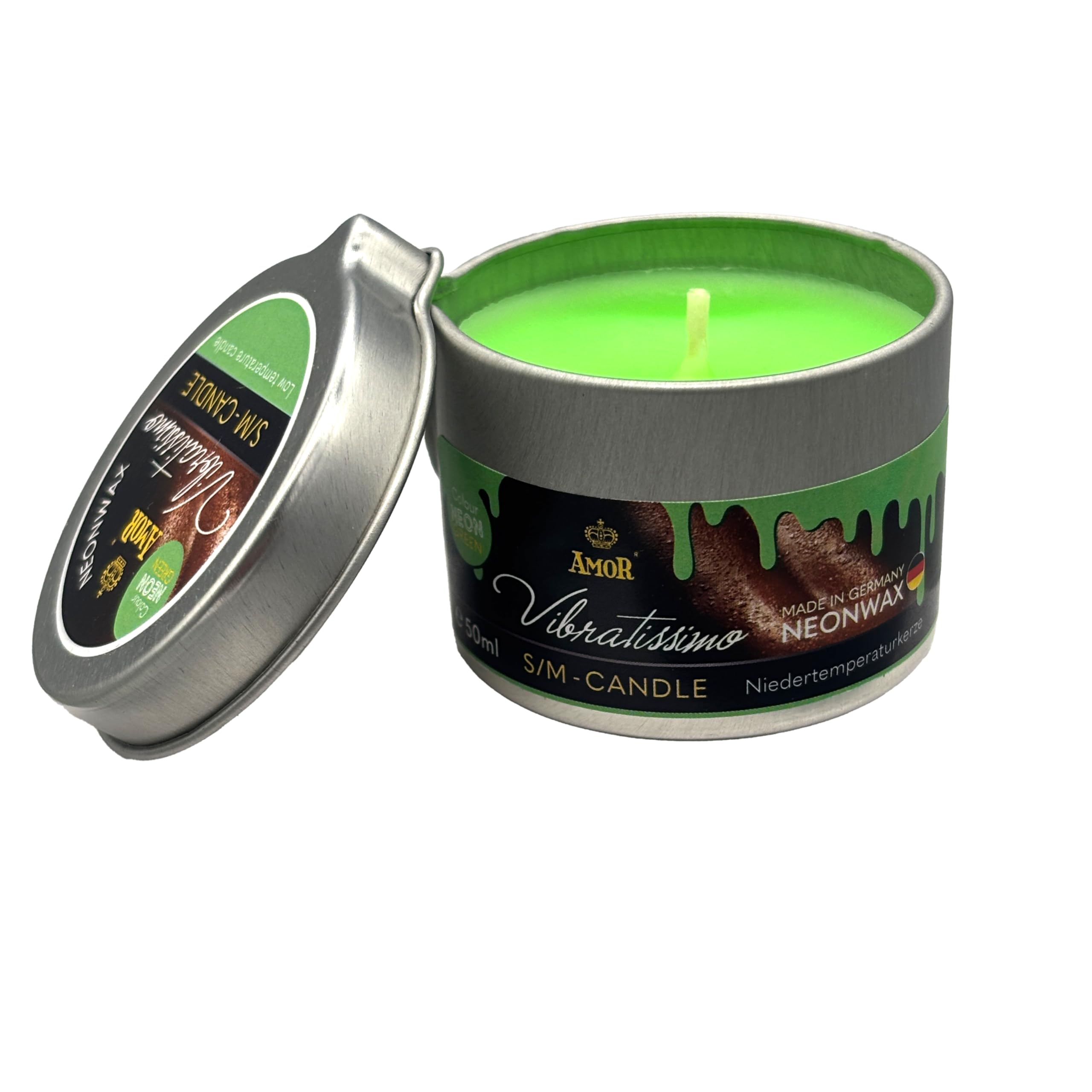 VIBRATISSIMO S/M Kerze Neon Grün 50 ml | Niedertemperatur-Kerze in neon-grün | Hochwertiger Kerzenwachs geruchlos | Tropfkerze Für Erotik Spiele | romantische Massagekerze Für Paare | Wax Candle