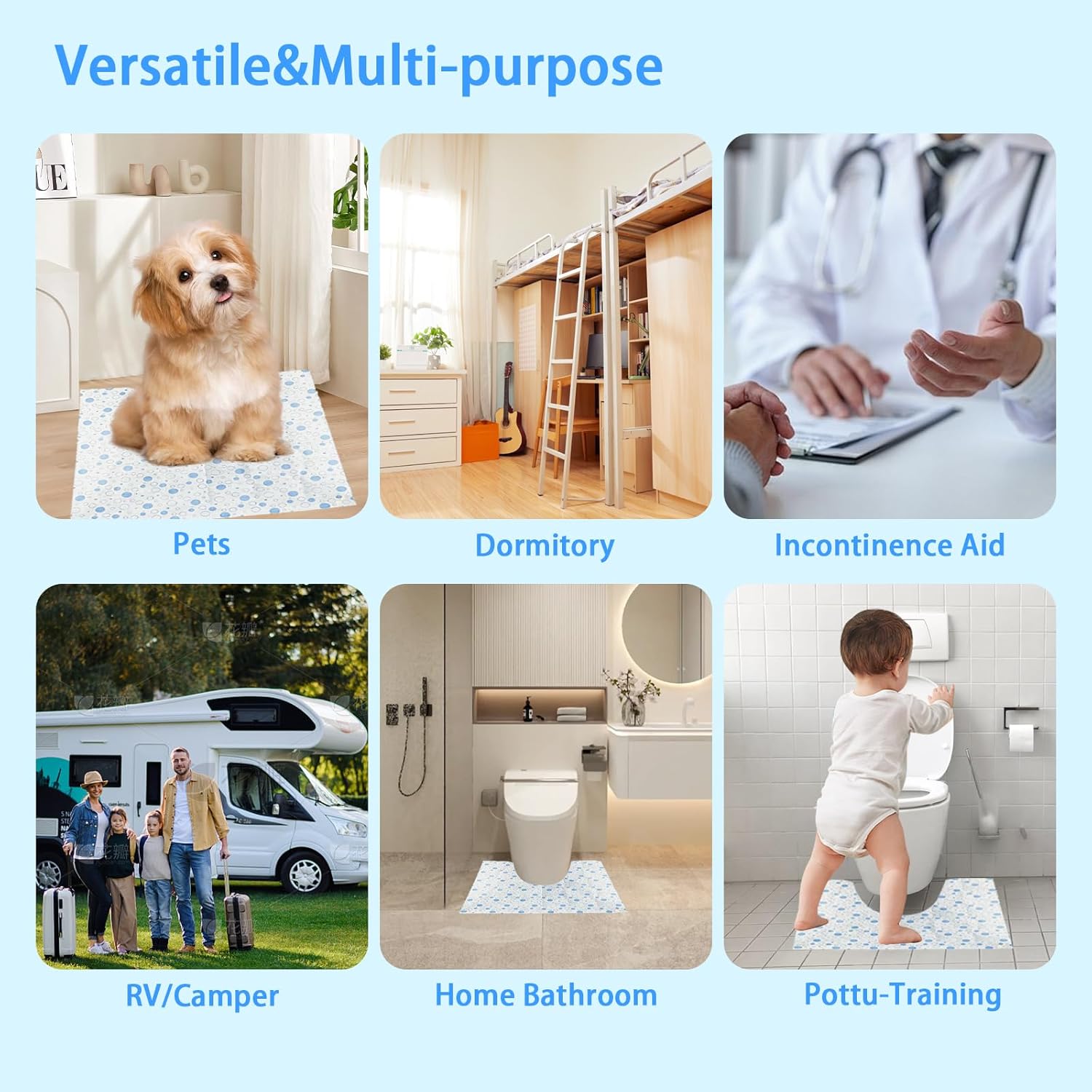 60 Pack Disposable Toilet Commode Mat,Non-Slip Waterproof U-Shape Commode Pads for Adult Incontinence & Kids Potty Training,Bathroom Floor Protector (Blue Dot)