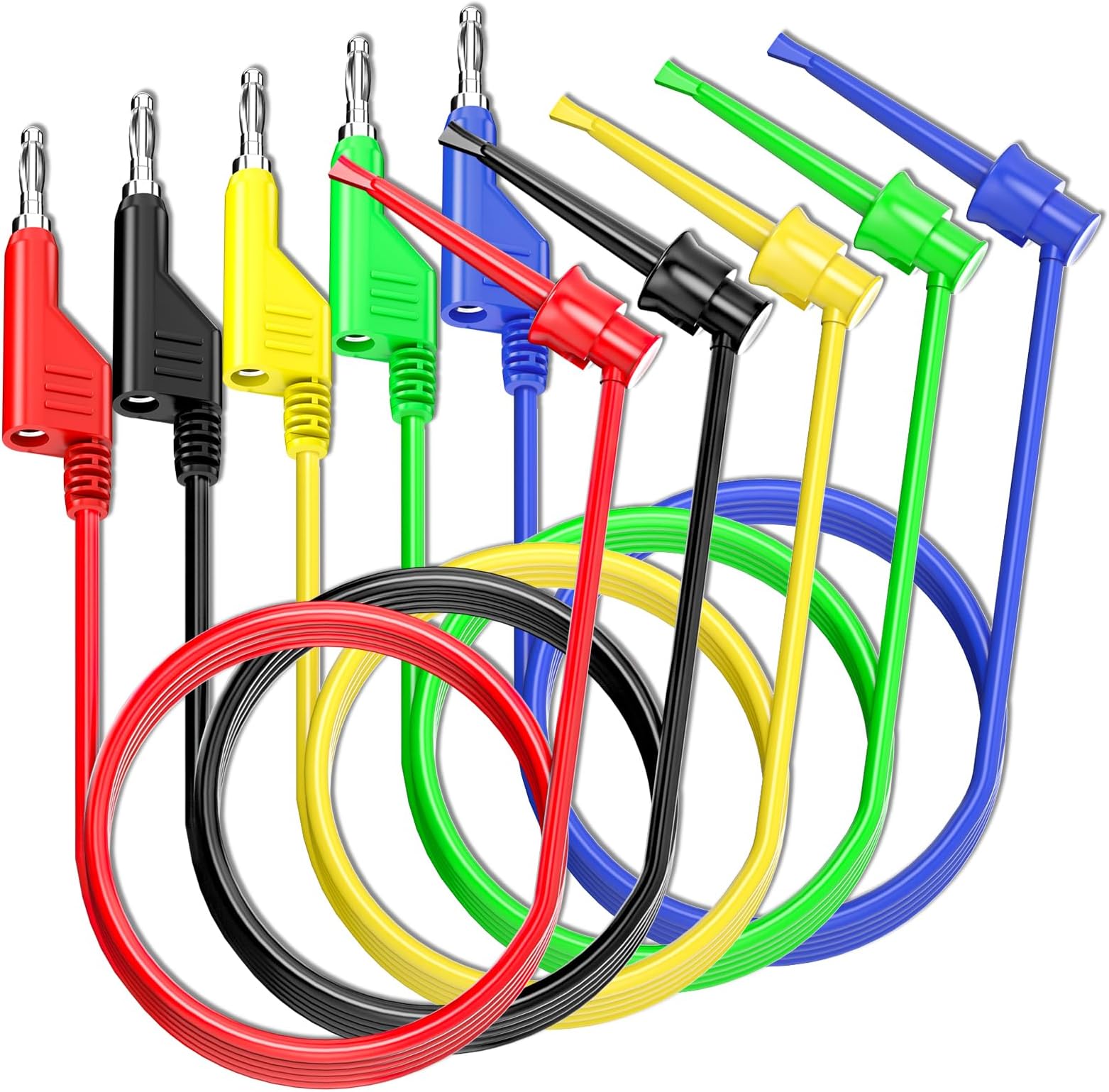 Goupchn Banana to Hook Test Leads 5PCS 4mm Stackable Banana Plug to Test Hook Clips Flexible Testing Cable Wires 500V 5A for Multimeter Electrical Testing