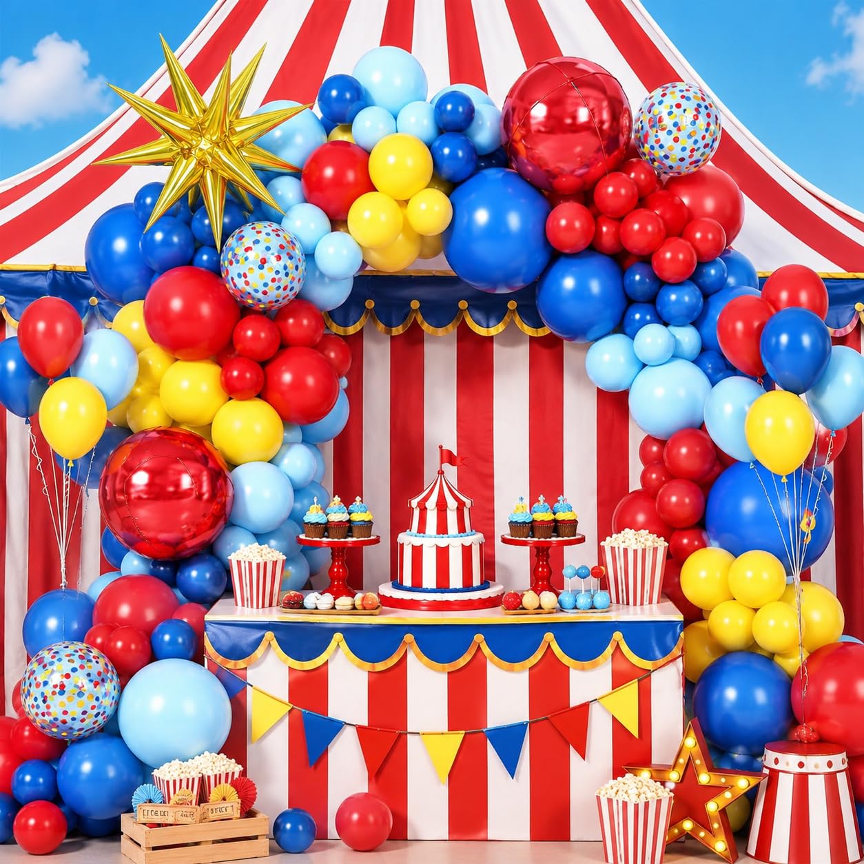 Czerwono-niebiesko-żółta girlanda z łukiem balonowym, zestaw ze złotą gwiazdą, balony foliowe, czerwone, okrągłe balony 4D, na przyjęcie urodzinowe, karnawał, cyrk, dekoracje tematyczne