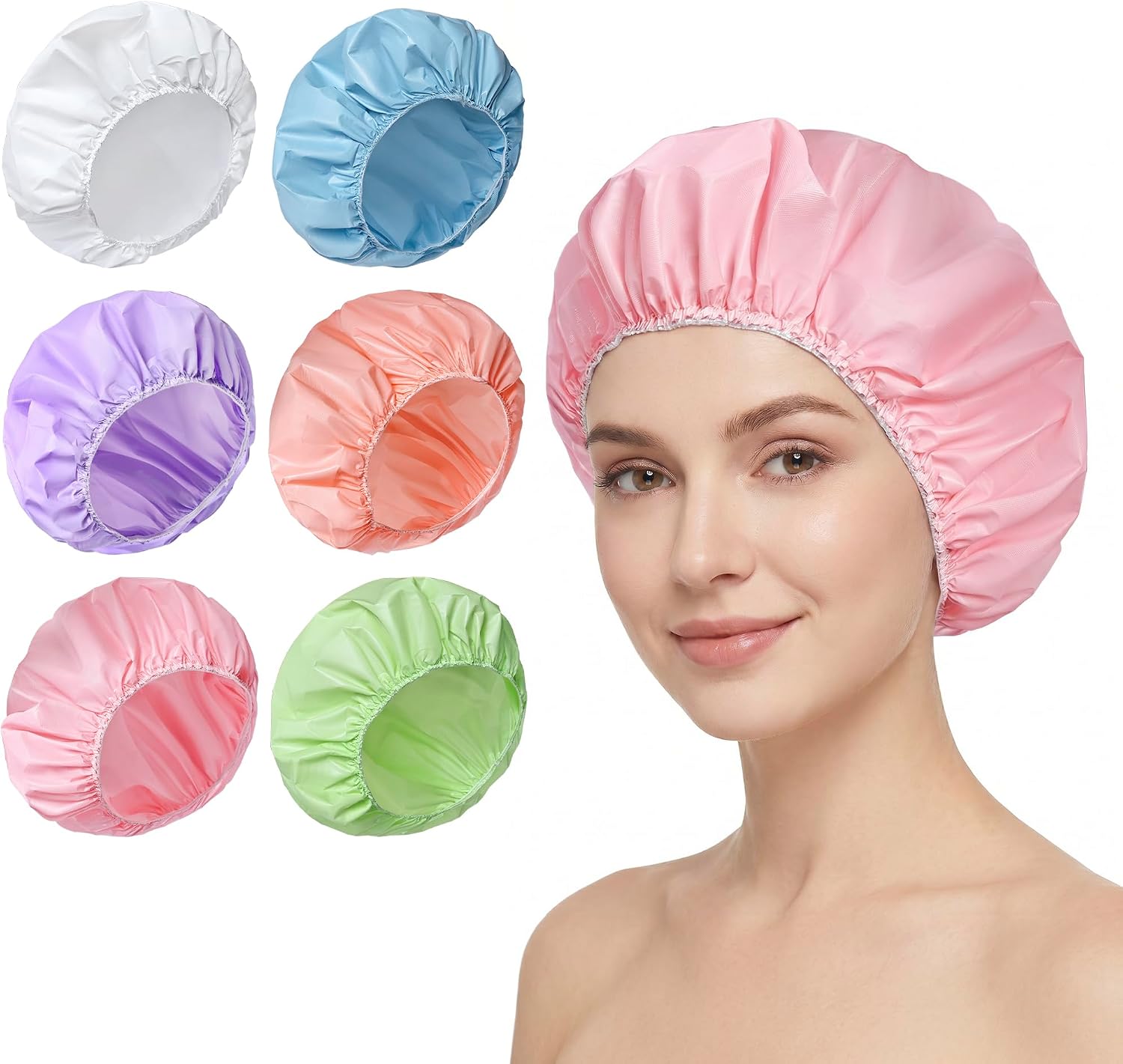 6 PCS Shower Capsfor Women, Reusable Waterproof Bath Caps | Double Side Water-resistant PEVA Hair Cap , Bath Accessories, Spa, Travel, Environmental Protection - Candy Color