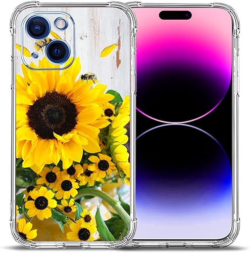Beaucov Funda para iPhone 15, protección contra caídas de abeja de girasol, a prueba de golpes, de cuerpo completo, resistente a los arañazos para