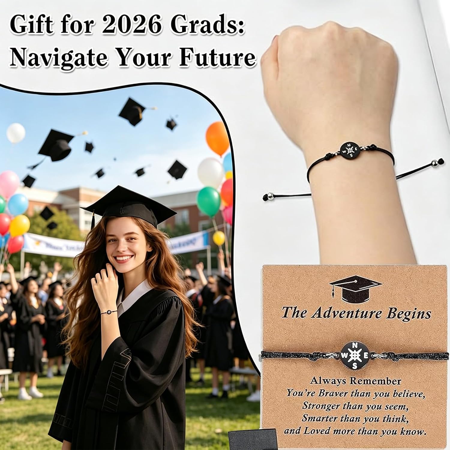 Ayland Compass Graduation Bracelet 2026, Graduation Gift for Her Him the Adventure Begins Bracelet, Adjustable Unisex Bracelet for College University Middle High School Student Grad Present