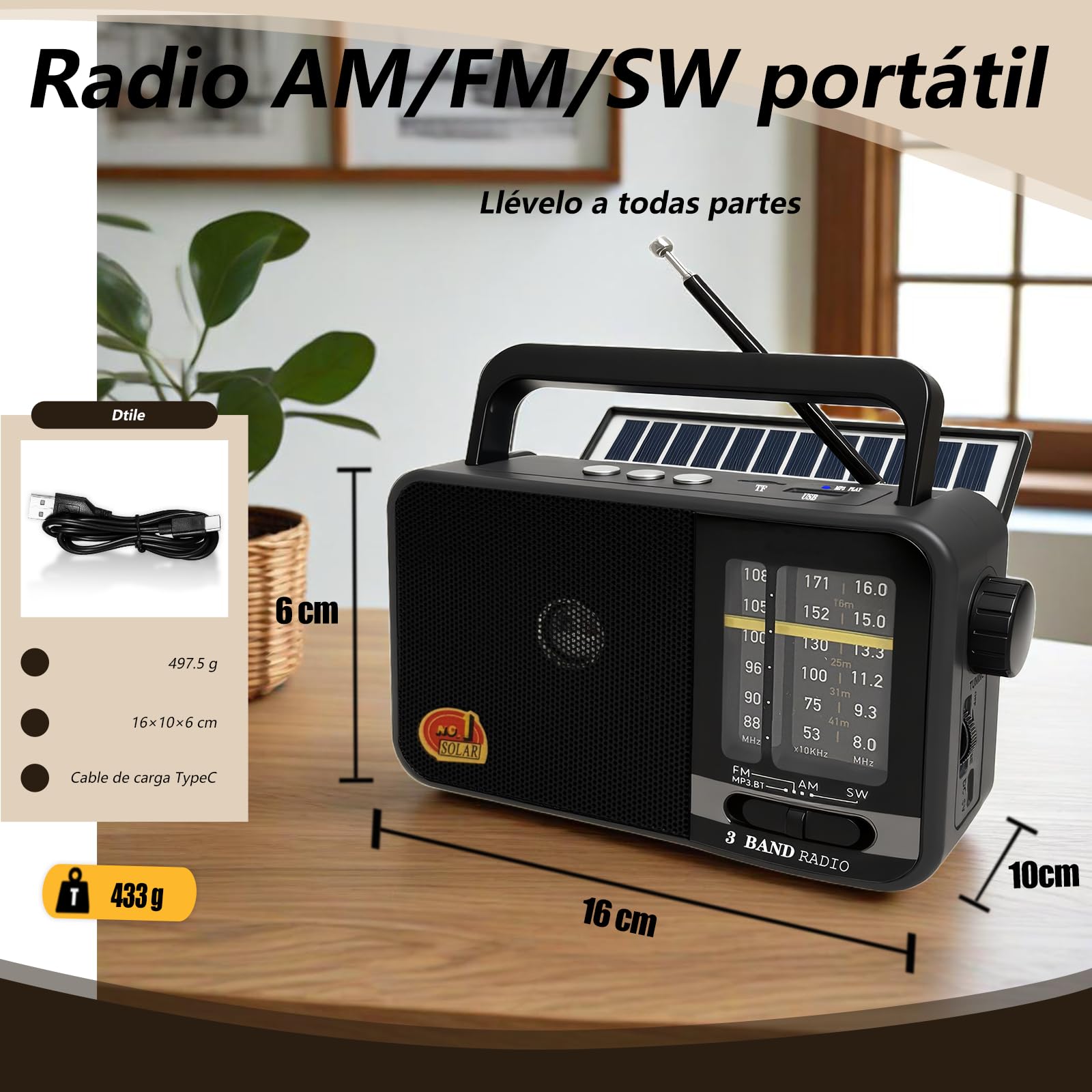 Transistor Radio Portatil con Panel Solar y Batería de 1200 mAh, Receptor Am/FM/SW con Altavoz de 8W/TWS/USB/Tarjeta TF, Radio Solar Pequeña Ideal para Camping, Emergencia y Exteriores (Gris)