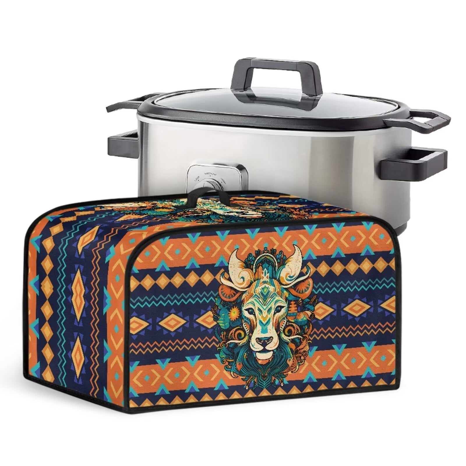 Aztec Oval Crock Pot Cover with Mesh Pocket Washable Slow Cooker Dust Cover with Top Handle Stain Resistant