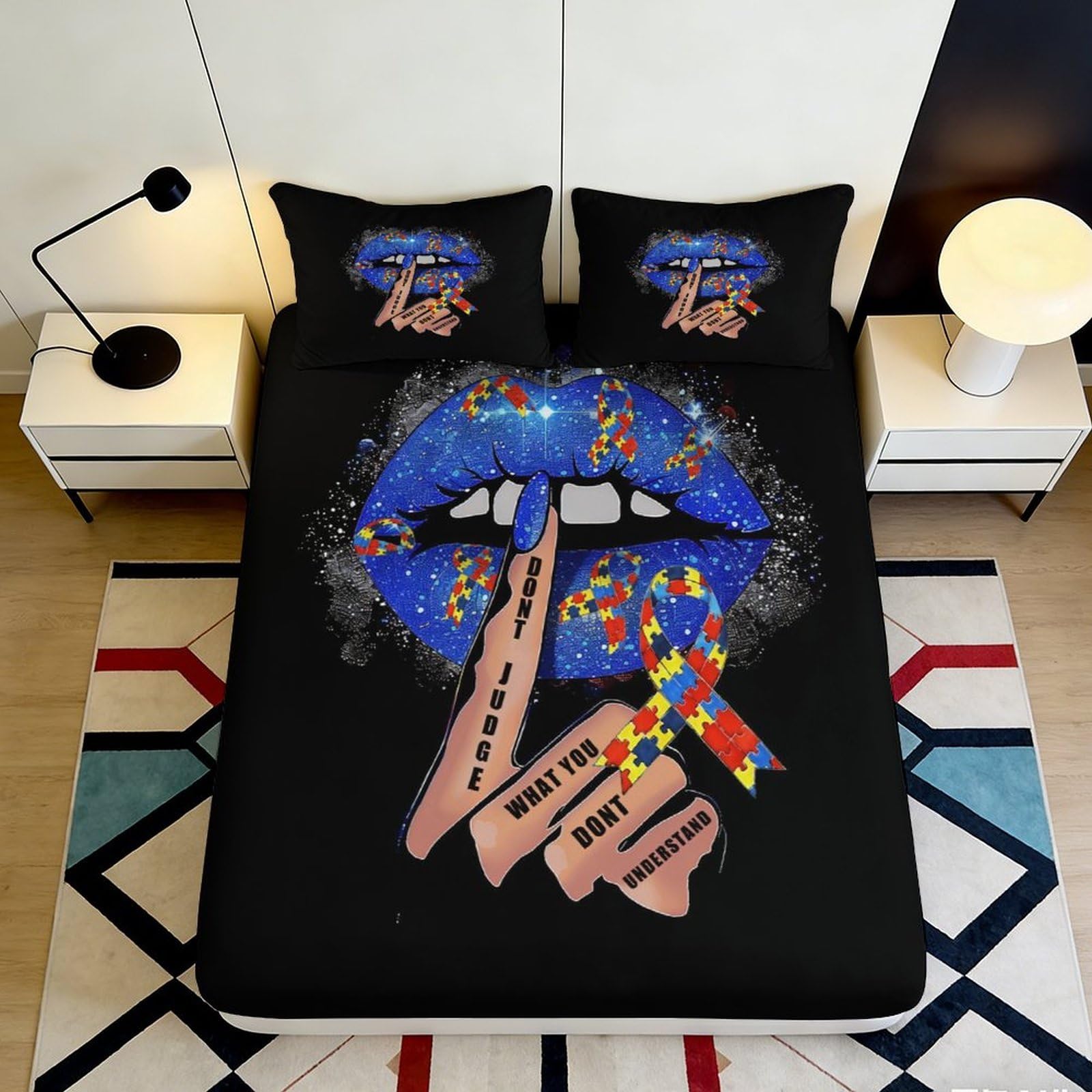 3D Printed Blue Lips Fitted Sheet Microfiber Soft Artistic Hand Sign Bed Cover for Bedroom Guest Room Decor 90x200x25cm
