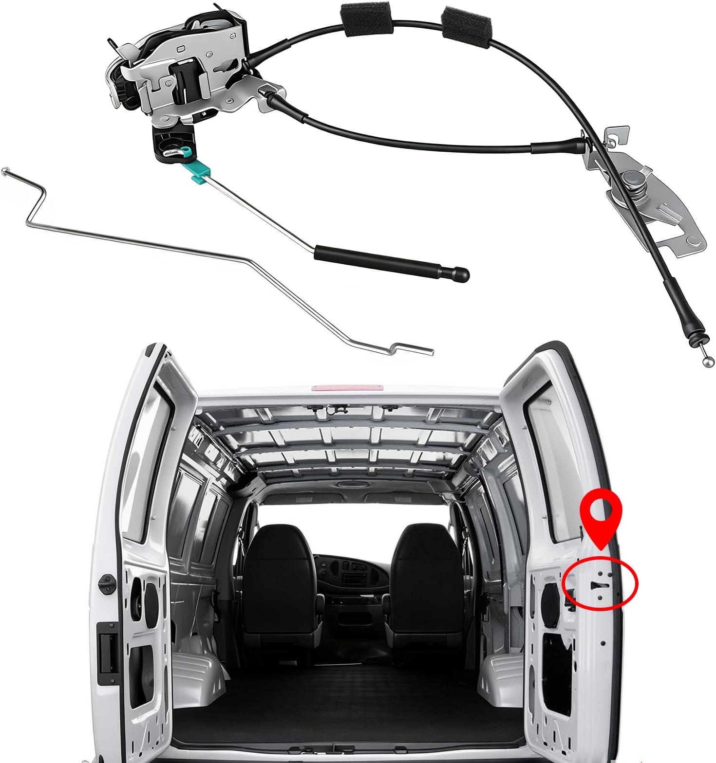 Rear Right Cargo Door Latch Assembly with Cable & Rod for 1992-2019 Ford E150 E250 E350 Econoline Van, Replace 6C2Z-15431A02-AA 8C2Z-15431A02-C AC2Z-15431A02-A, Passenger Side Door Lock Repair Kit
