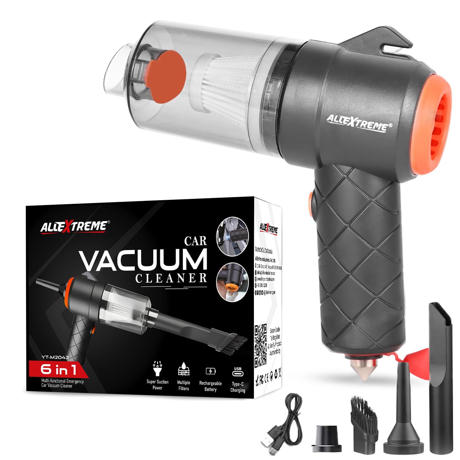 Allextreme 6-in-1 Vacuum Cleaner with Filter 4 Nozzles USB Cable Hammer Seat Belt Cutter Power Suction Rechargeable Battery Mini Car Air Blower for Dry Cleaning Car Home Office Traveling (1Pc, Black)-picture-5