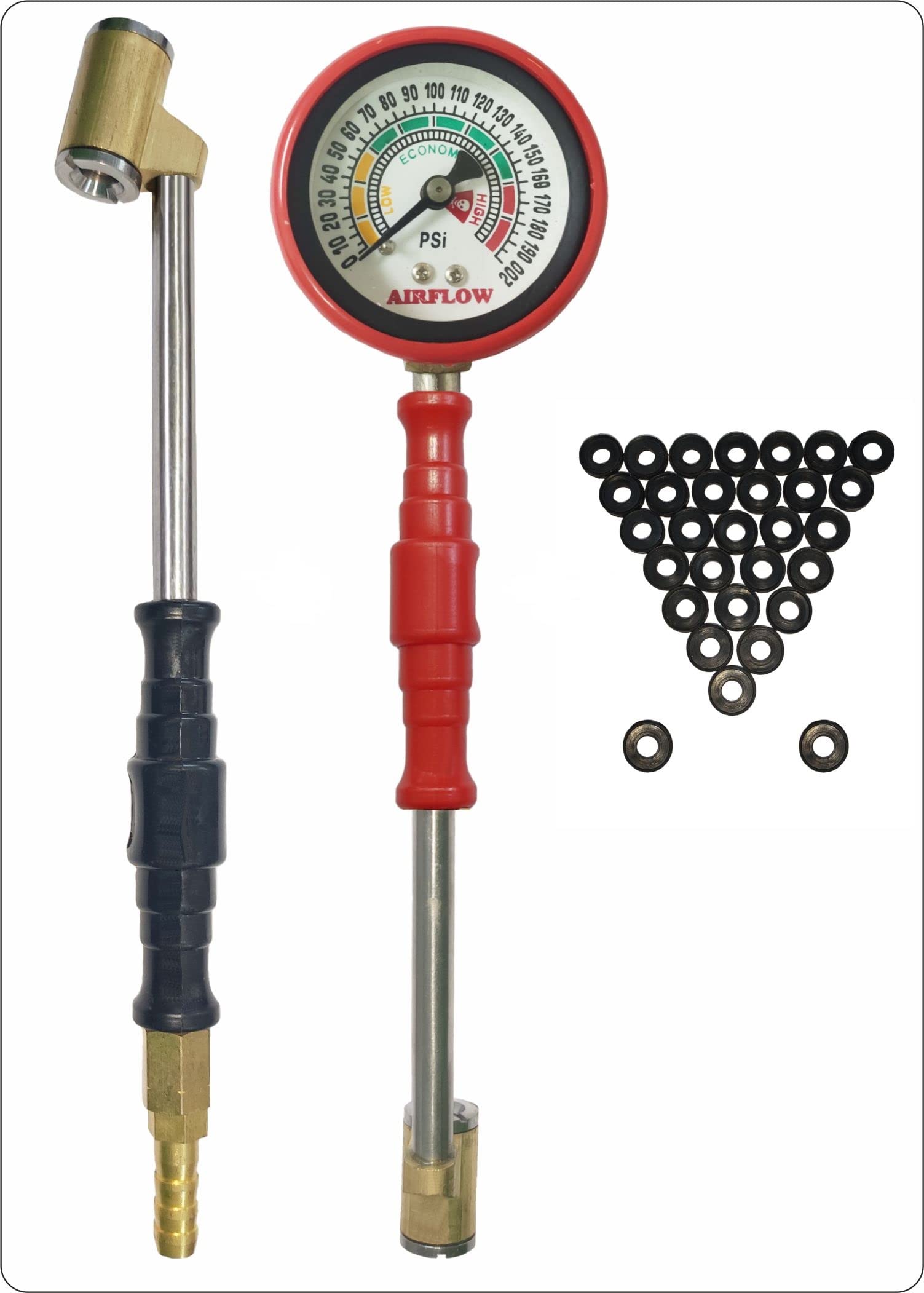 Air Flow Twin Head Air Valve Connector+ Twin Tyre Connector with Pressure Gauge + PVC Air Chuck Nozzle Washer (Combo Pack of 3)-image-18