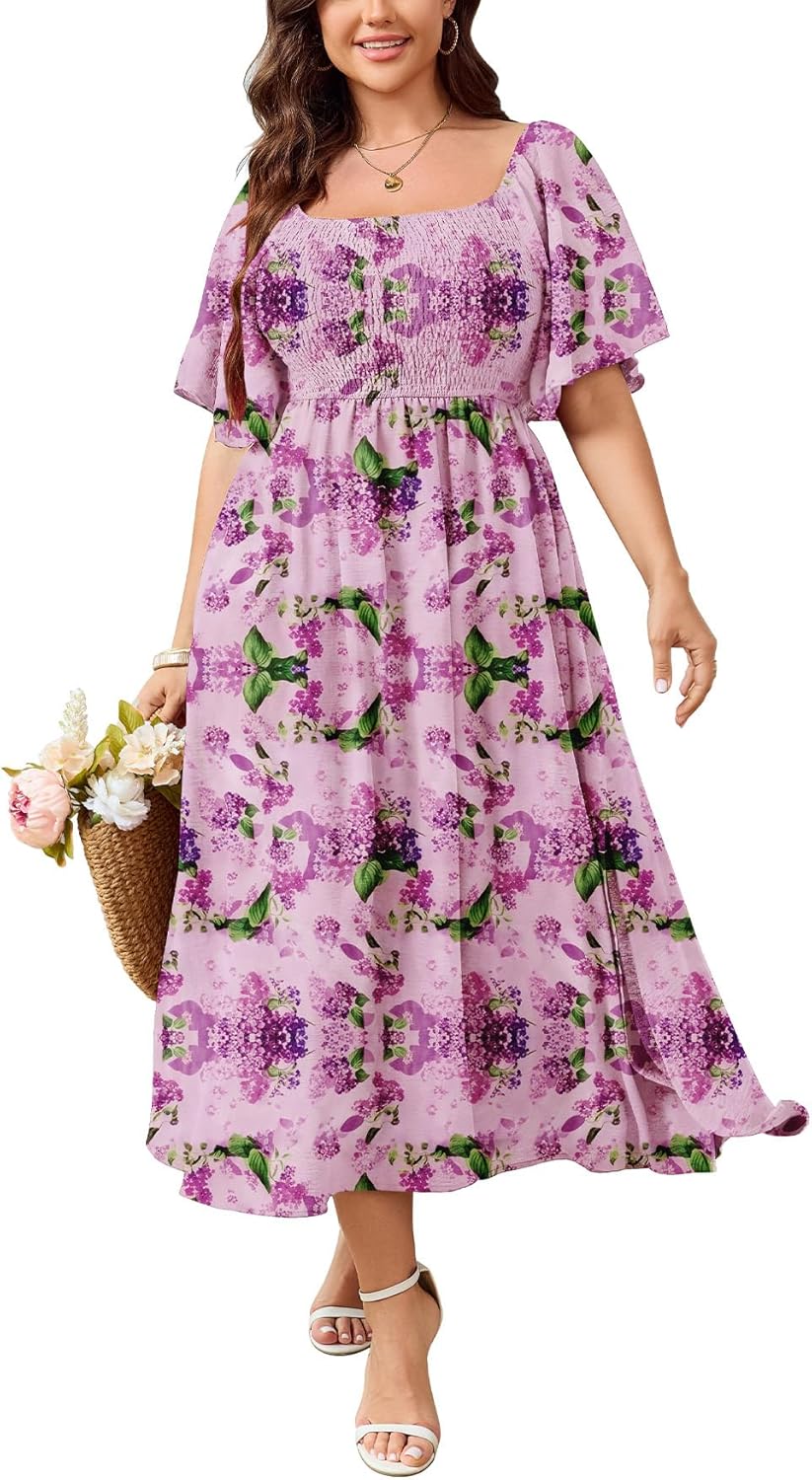 SHESTARR Women's Plus Size Dress Short Sleeve Square Neck Smocked Side Split Flowy A Line Long Maxi Dress