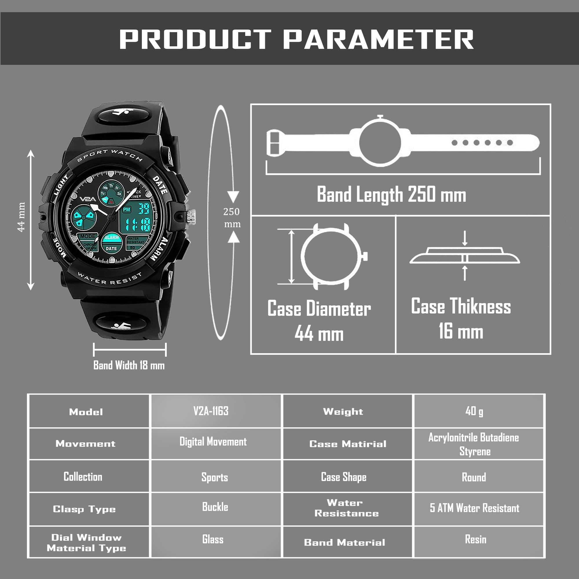 V2A Black Analogue-Digital Shock Resistant Alarm Calender Water Proof Sports Watch For Boys And Girls (Black, Resin) 2