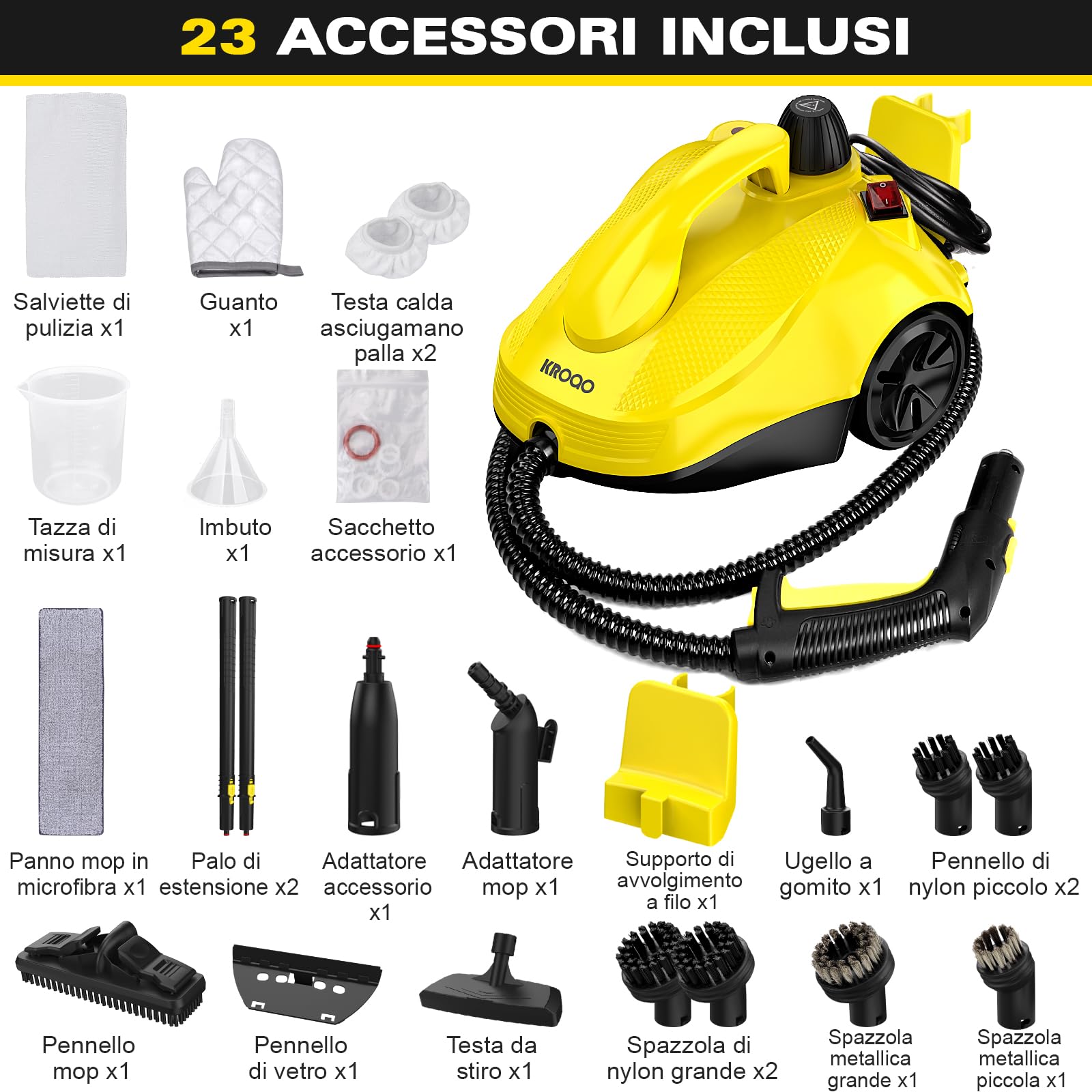 Pulitore a vapore multiuso per tutto con accessori 23, rimozione di carta da parati, moquette, divano, mobili imbottiti, auto, piastrelle, tappezzeria, bagno, 1,5 l