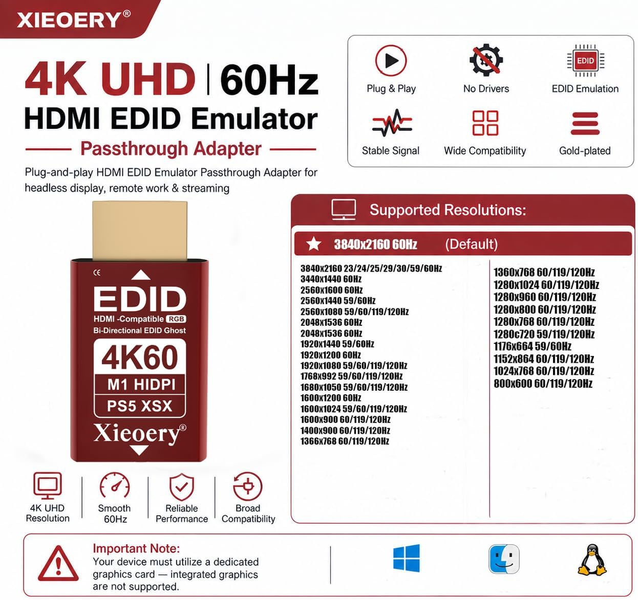 4K HDMI EDID Emulator 3840×2160 24/30/60Hz Default, UHD Dummy HDMI Plug for Remote Access, Headless Servers, GPU Rigs, KVM, Industrial PCs, Stable Display Output & Wide EDID Resolution Support