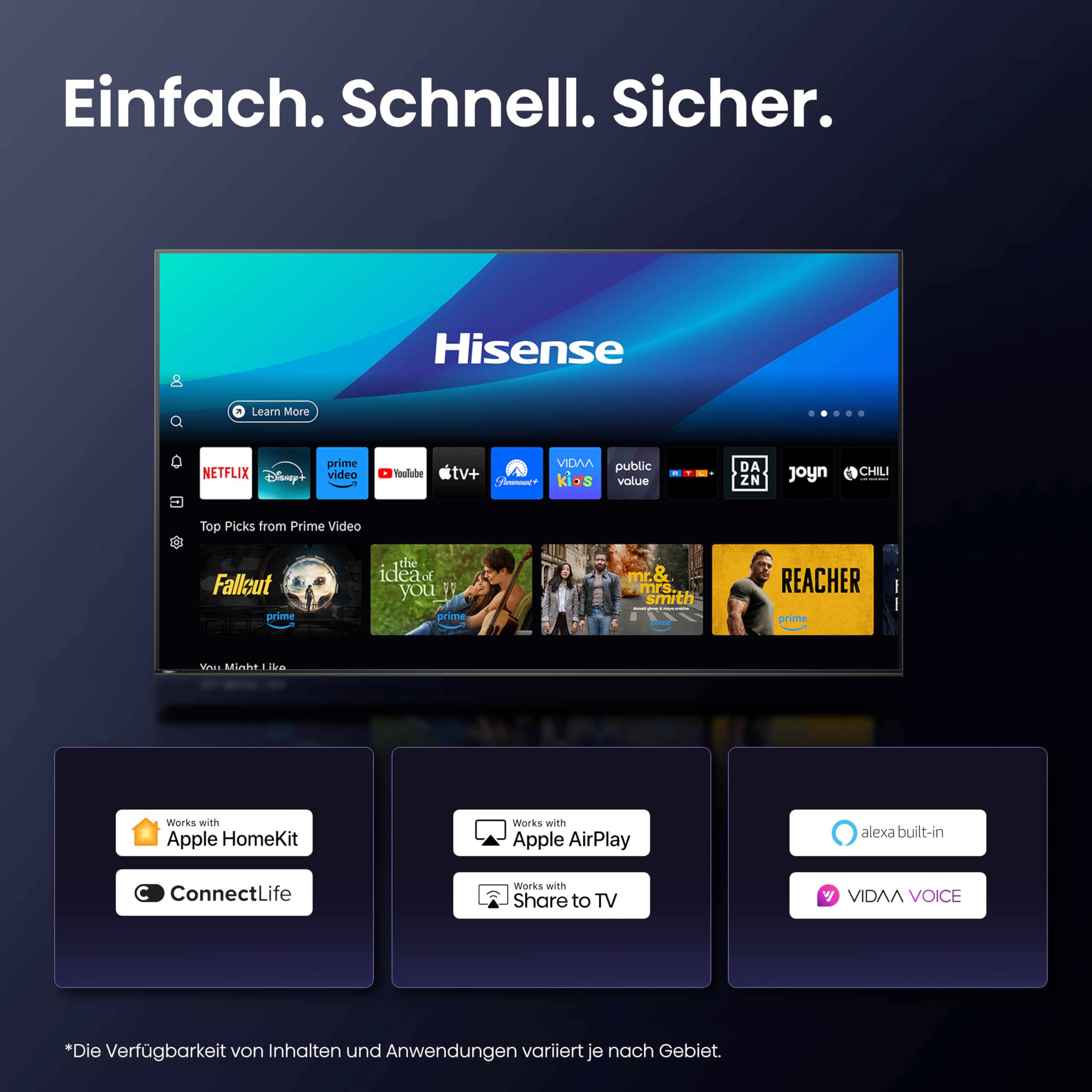 Hisense 55U7Q Fernseher 55 Zoll, 4K Mini LED ULED, Smart TV, Hi-View AI Engine, 144Hz Game Mode Pro, FreeSync Premium, Built in Subwoofer, Dolby Vision IQ Atmos, Airplay, Sprachsteuerung[2025]