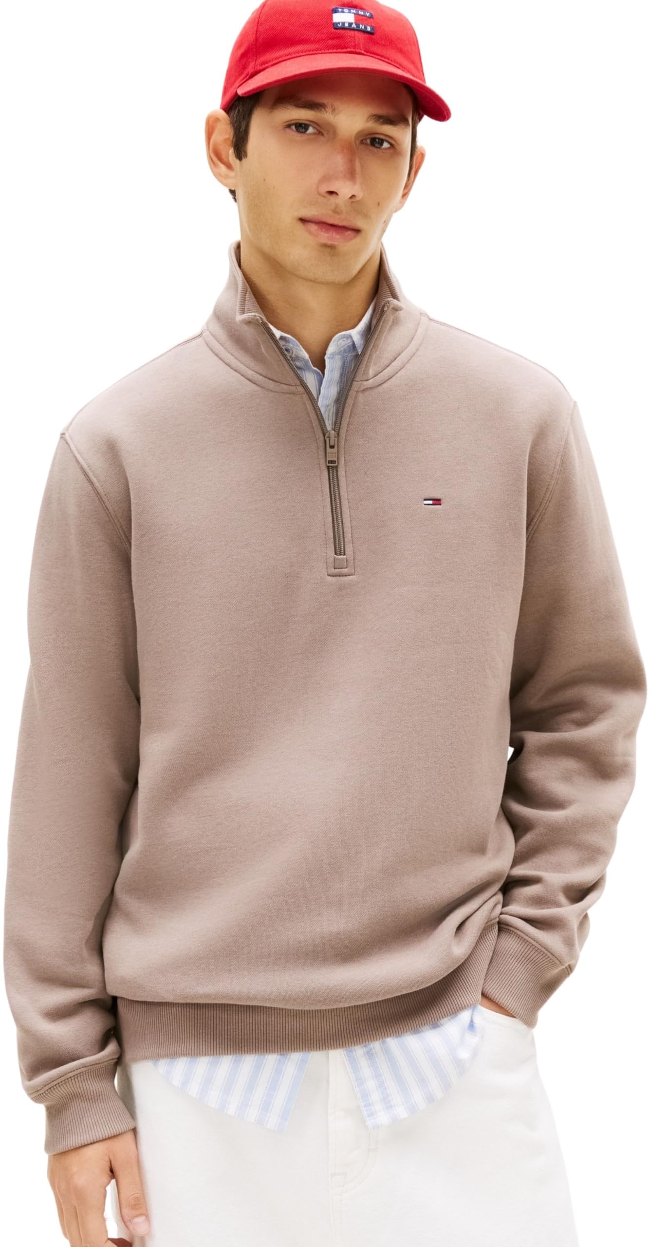 Tommy Jeans Men's TJM Reg Fleece 1/4Zip Mock Neck DM0DM20339 Half Zip Sweatshirt, Grey (Ivy Mink), L