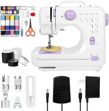 Portable sewing machine for beginners with 12 stitch options, 2-speed foot pedal, LED light, and 32-color thread kit, Great for kids and adults, perfect for mending and creative projects at home