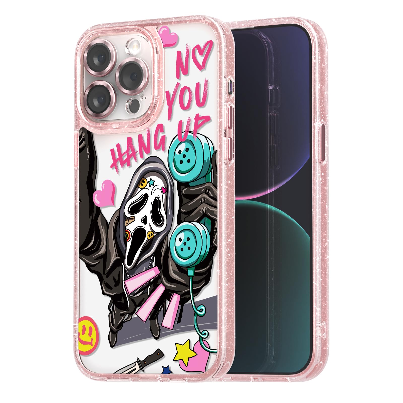 casevividcasevivid Compatible for iPhone 15 Pro Max Case Cute Aesthetic - Glitter Pink Phone Case with Camera Protector - Girly Scream Skeleton Halloween Horror Pattern Print Cover Design for Woman Girl 6.7"ClimatePartner certified