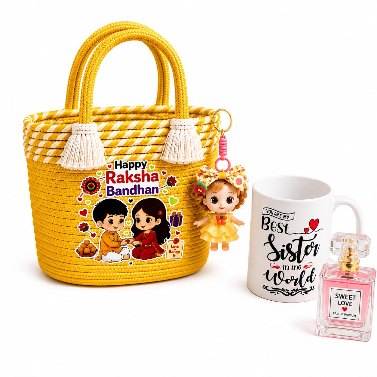 Raksha Bandhan Gift Hamper for Sister, Random Colour Handmade Tote Bag, Random Colour Doll Keychain, Best Sister Ceramic Mug, Perfume Gift Combo, Bhai Behen Festival Surprise Basket-image-9