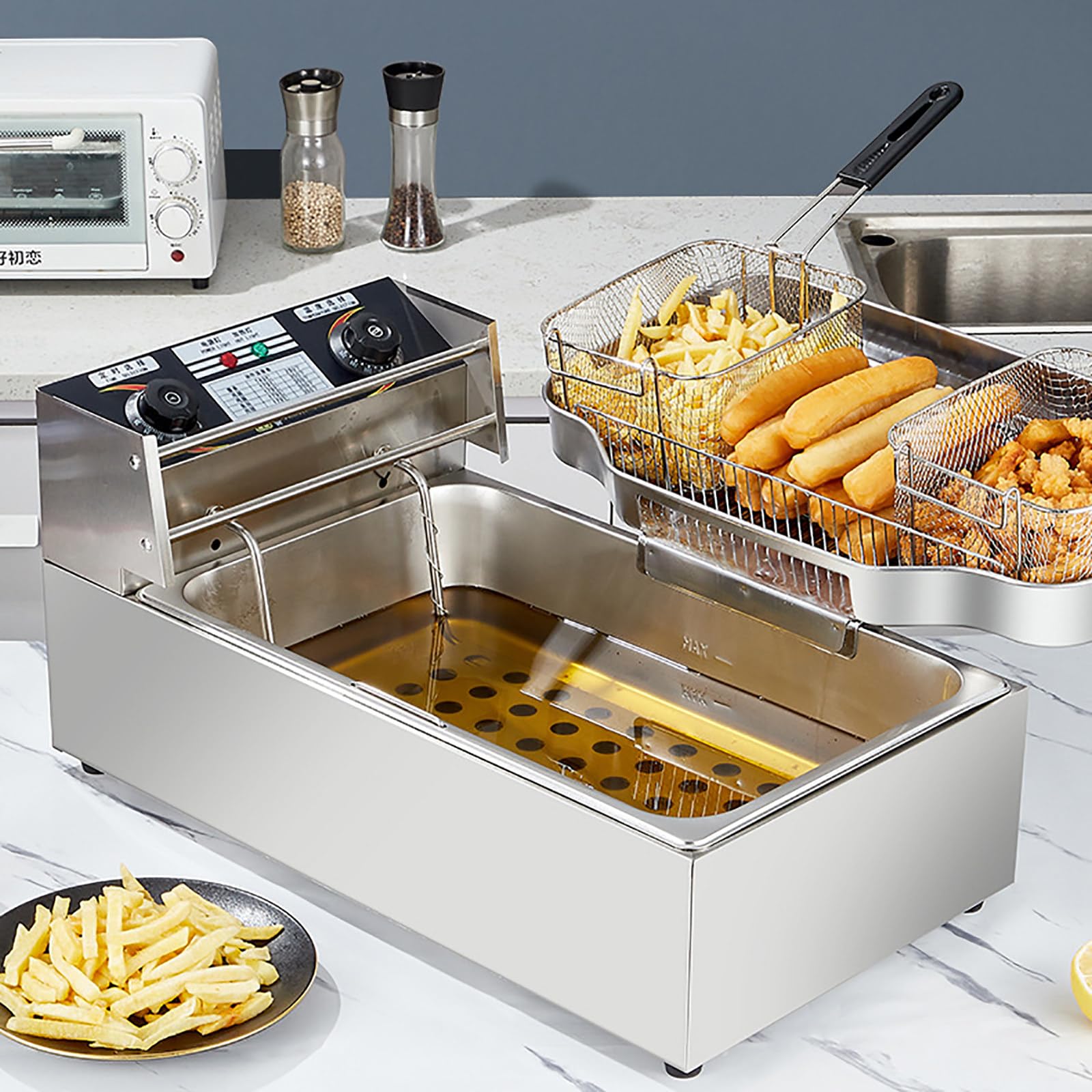 Friggitrice Elettrica Da Banco In Acciaio Inossidabile Da 20 Litri Con 2 Cestelli E Coperchi Per Patatine Per Ristorante, Domestica,Temperatura Regolabile (60-200 ℃) + Temporizzazione (0-60 Minuti)