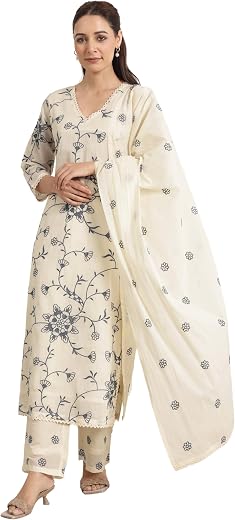 Libas Embroidered Cotton Straight Kurta With Trouser and Dupatta
