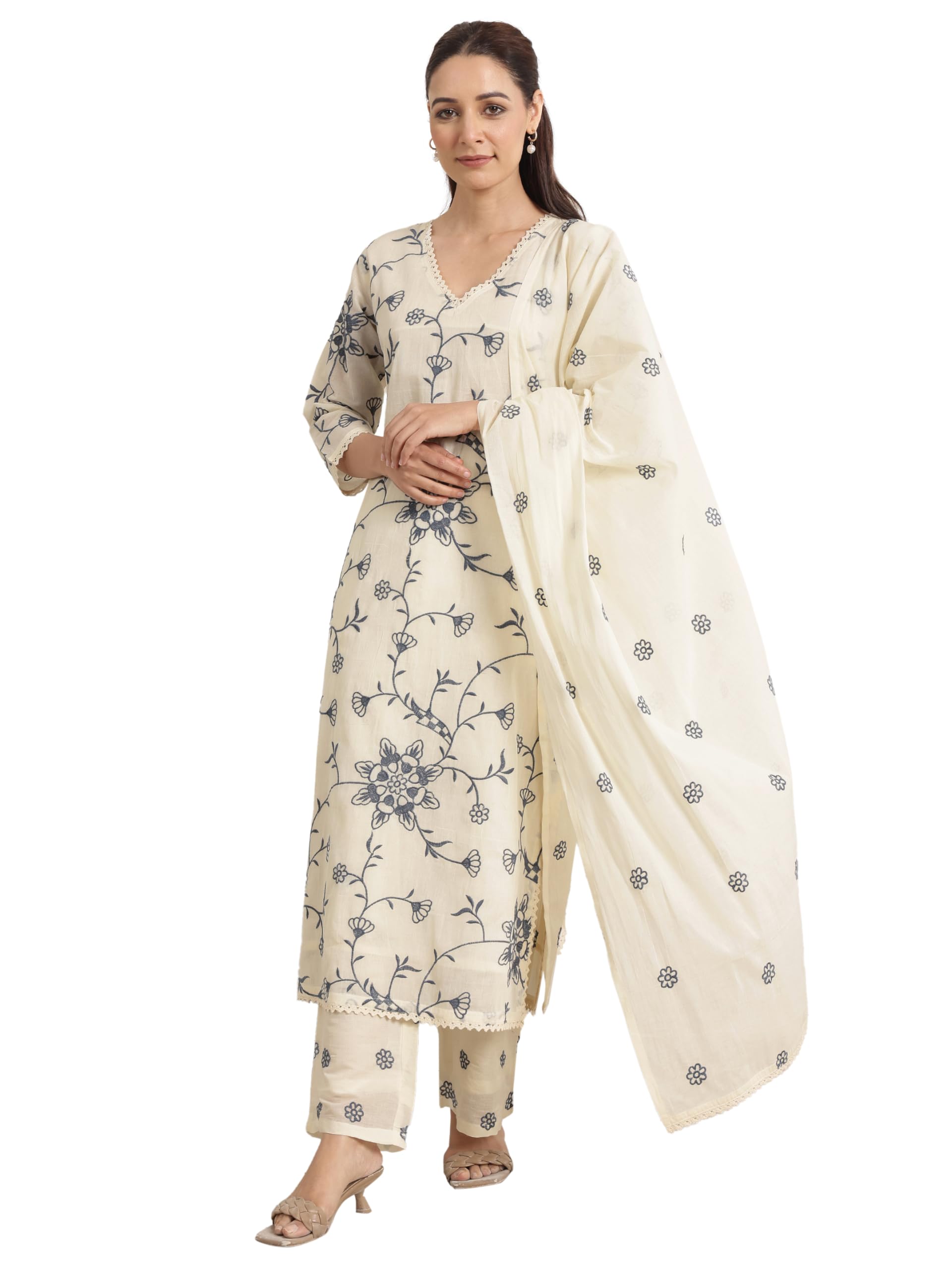 Womens Embroidered Cotton Straight Kurta With Trousers and Dupatta-image-19