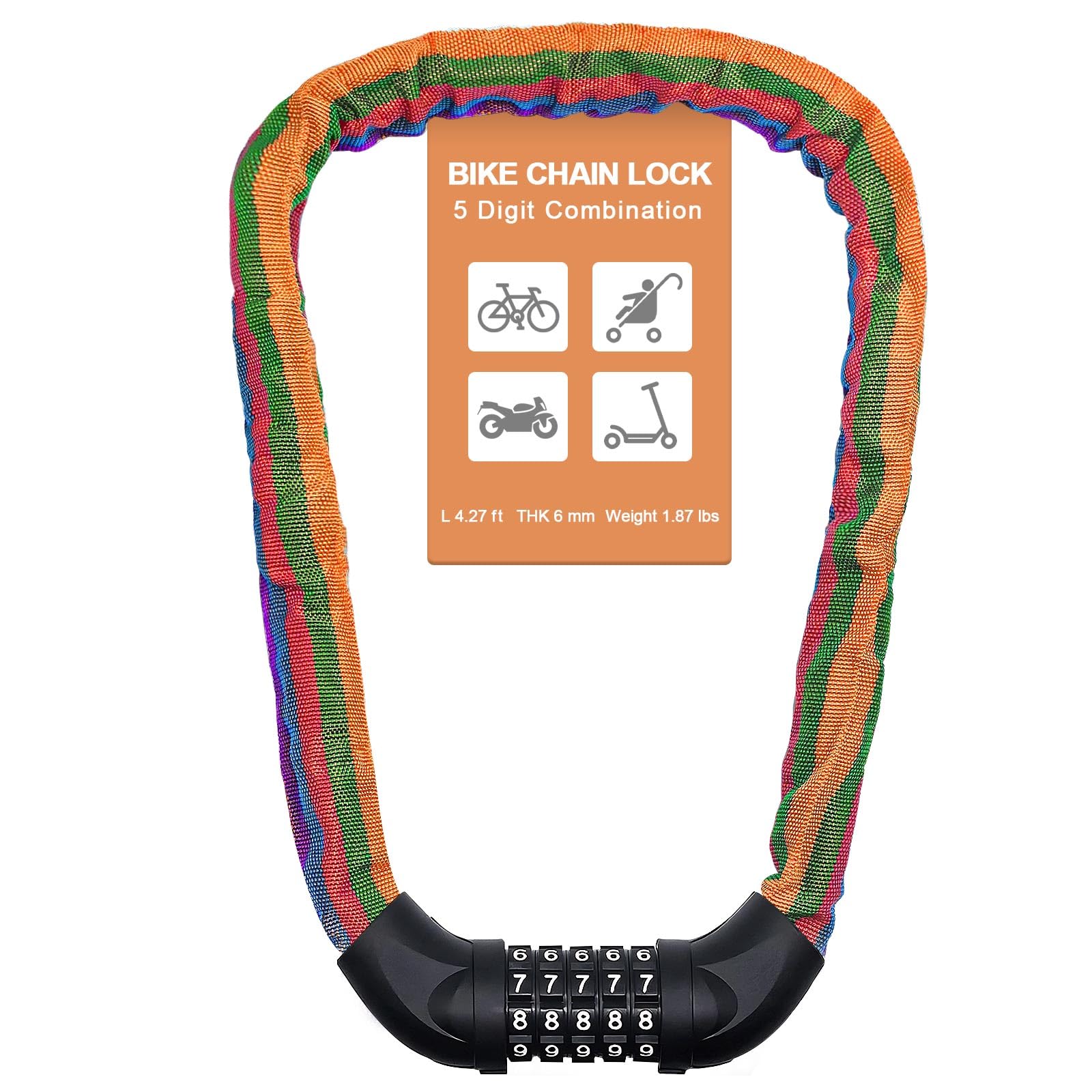NDakter Bike Lock, 5 Digit Combination Heavy Duty Anti Theft Bicycle Chain Lock, 2.62/3.2/4.27/5/6Ft Long, High Security Resettable, Suitable for Bike, Scooter, Door, Gate, Fence-4/6mm Thick