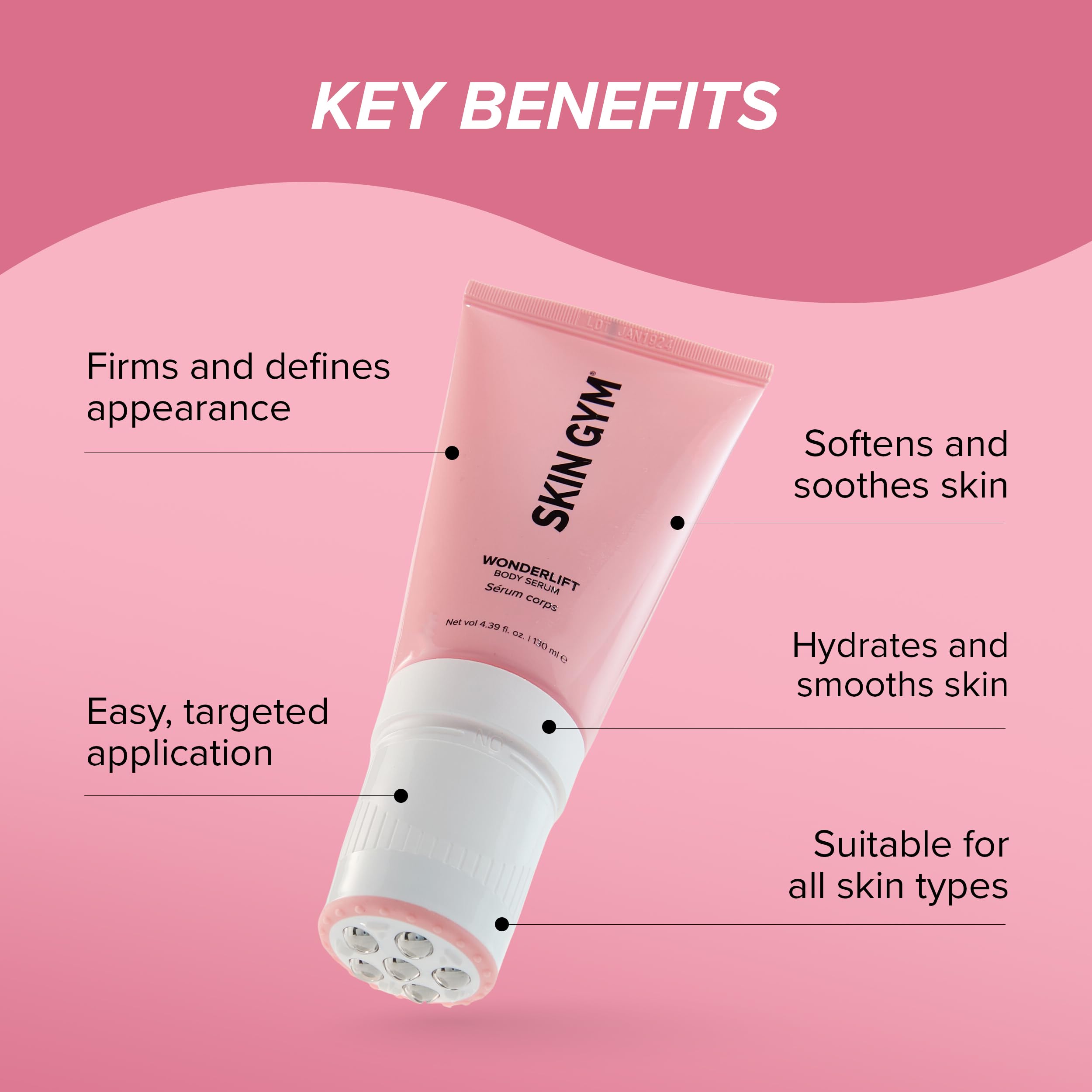 Skin Gym WonderLift Body Serum with Roller Applicator, Firming and Sculpting Treatment with Caffeine and Niacinamide, 7 fl oz