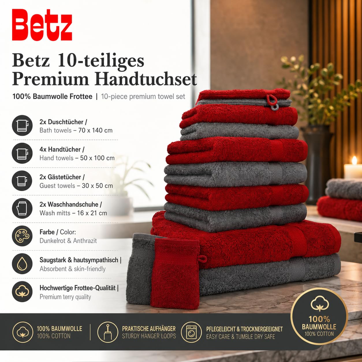 Betz 10-teiliges Premium Handtuchset - 100% Baumwolle Frottee - Saugstark & Hautsympathisch - 2X Duschtücher - 4X Handtücher - 2X Gästetücher - 2X Waschhandschuhe - Farbe Dunkelrot & Anthrazit