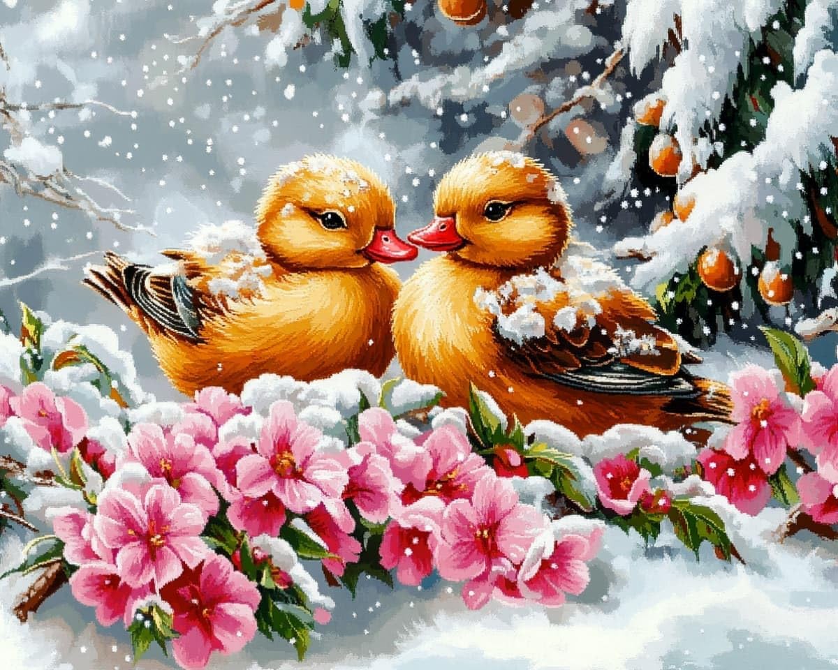 AxiangziK Beginner Cross Stitch Embroidery Kit,Ducks and Flowers in the Snow 16x20in Easy Pre-Sew Printed Needlepoint Kit,Relaxing DIY Art Craft Supplies for Adults Family Bedroom Decor