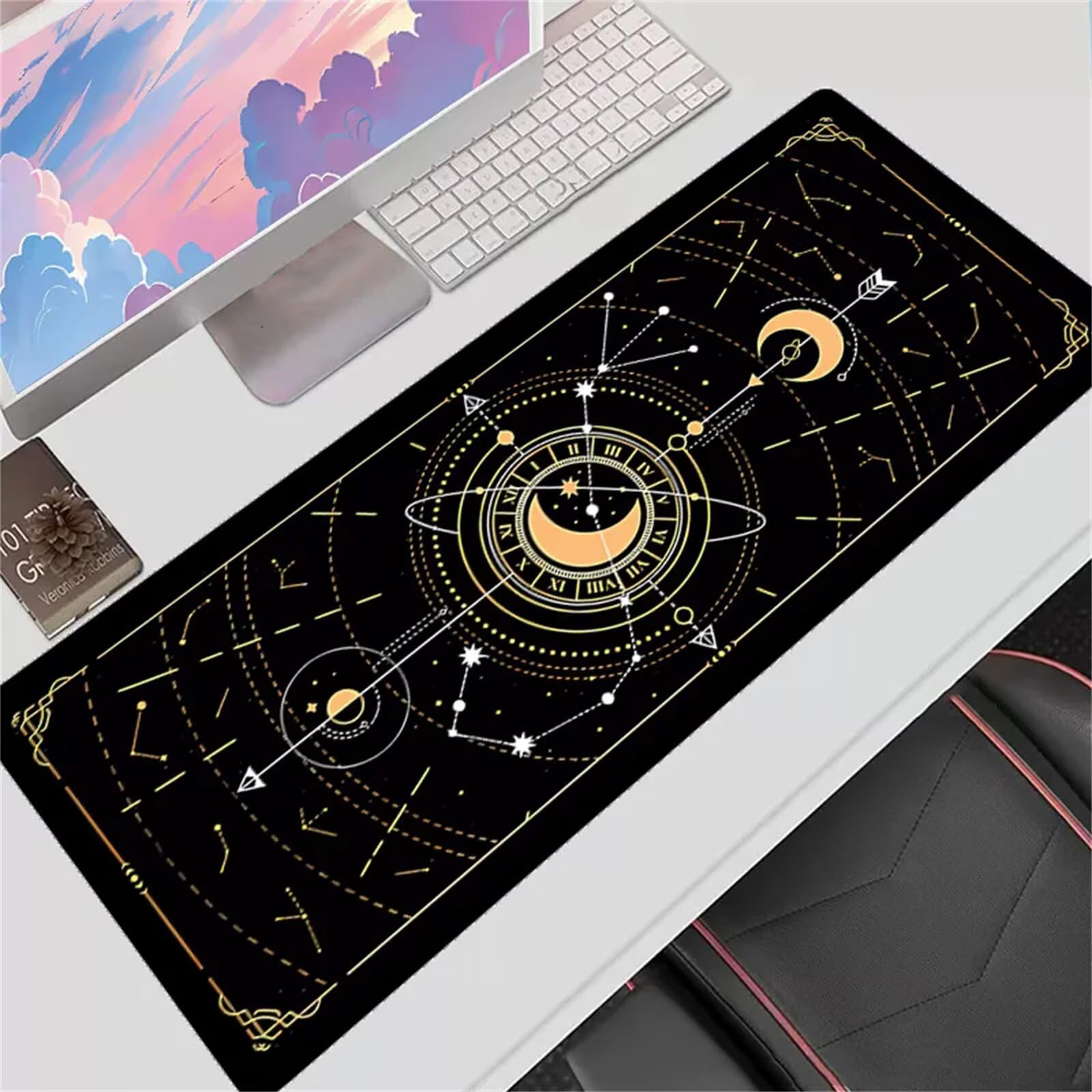 Alfombrilla ratón Gaming Luna de Oro Negro Alfombrilla Ratón XXL 900x400x3mm Grande Mouse Pad,Alfombrilla de ratón de Sobremesa,con Base de Goma Antideslizante,Mejora la precisión y la Velocidad