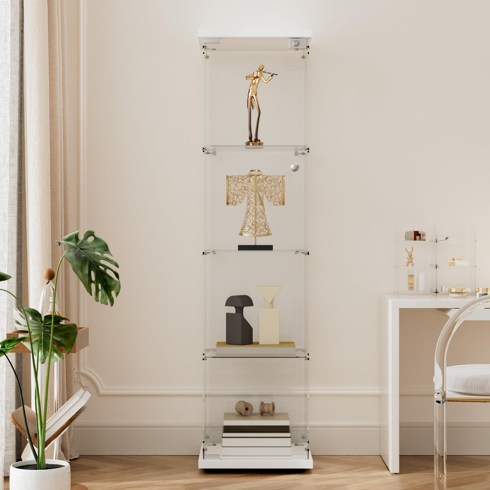 Beauty4U 4-Shelf Glass Display Cabinet, 64" Single Door Showcase Cabinet for Storage Collectables, Simple Quick Installation, White