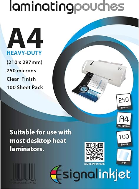 100 x A4 Strong Laminating Pouches | 250 Micron Pouch/Lamination Pouches (100 Pack)