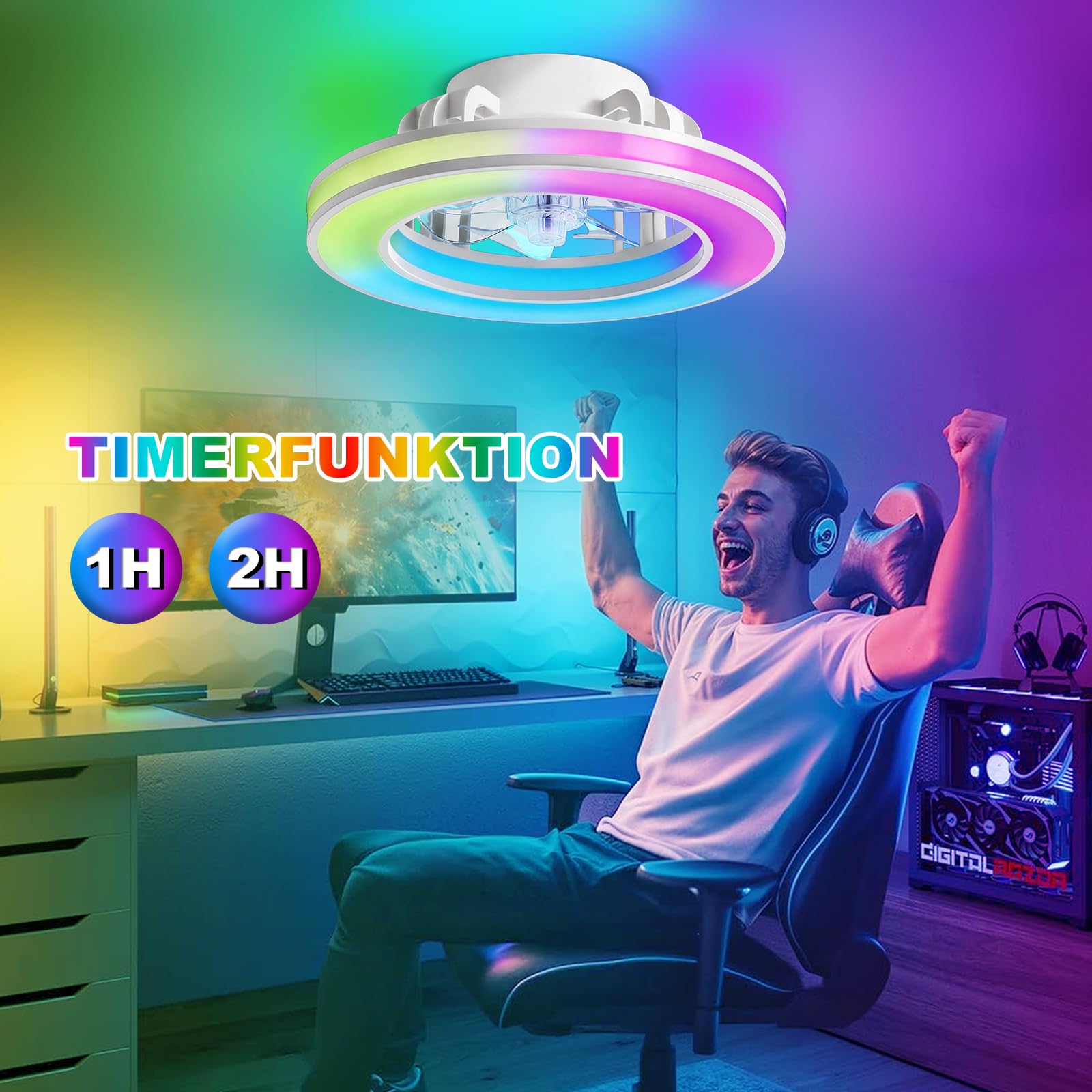Ventilatore da Soffitto RGB Dimmerabile a LED | Bambino Cameretta Lampadario Ventilatore Reversibile con Telecomando, 6 Velocità Lampadario Per Camera Da Letto-White