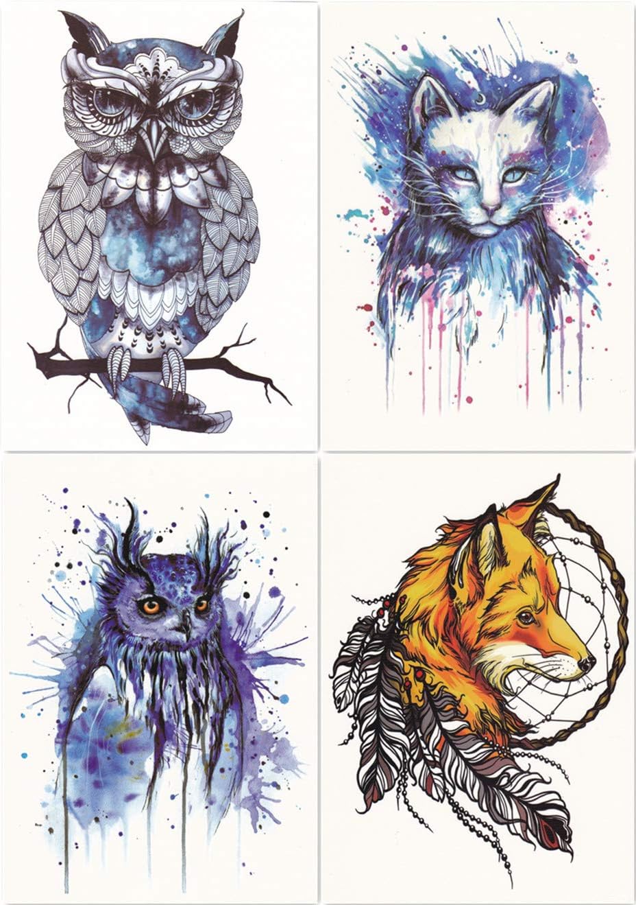 Dalin 4 Sheets Temporary Tattoos, Blue Owl, Cat, Fox Fake Tattoos for Women Men