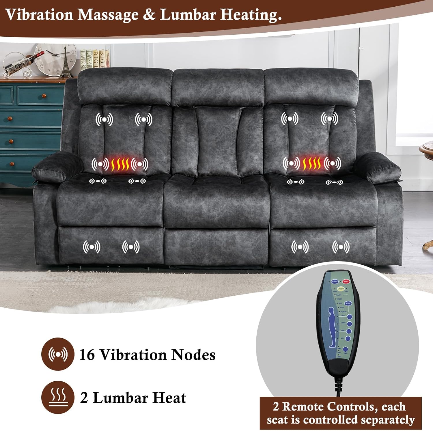 GUEAPY 3 Seater Power Reclining Sofa with Heat & Massage, Drop Down Table with Cup Holders, USB & Type-C Ports, Dutch Velvet Recliner Couch for Living Room, Home Theater & RV, Independent Controls