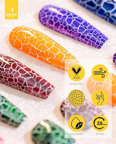 Miniatura 4 de BURANO Crackle - Esmalte de uñas de gel agrietado, color negro + blanco, juego de 2 botellas de secado al aire con lámpara LED UV (morado)