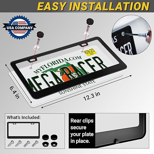 Miniatura 8 de Mega Racer Marco de matrícula de metal negro  2 agujeros delgados delanteros o traseros de aluminio negro con tornillos de acero inoxidable y tapas