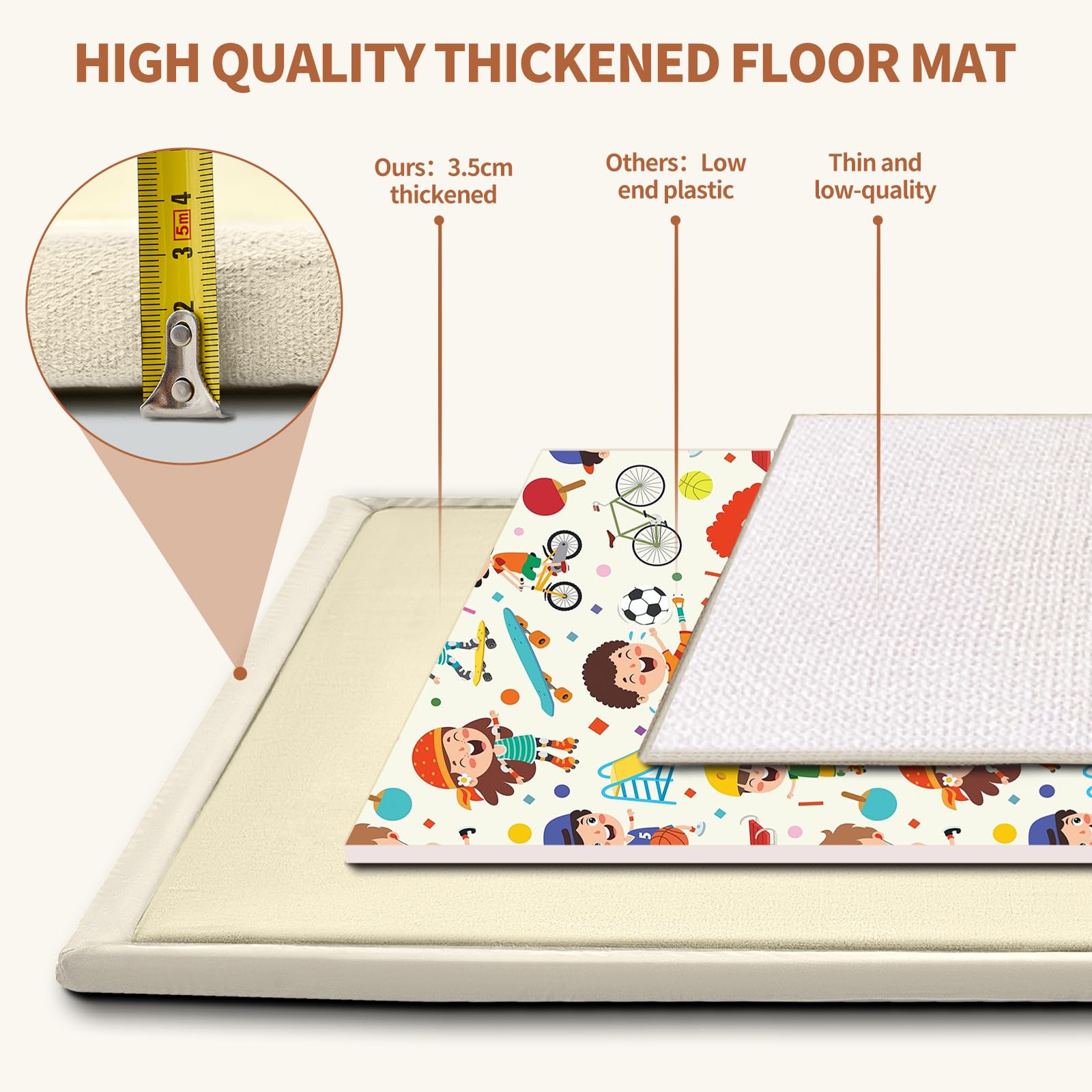 SUNYRISY Baby Play Mat for Floor 60 x 60in, 1.4in Thick Memory Foam Padded Play Mats Baby Rug, Soft Velvet Infants Toddler Kids Crawling Mat for Nursery, Non-Slip Bottom, Beige - 4
