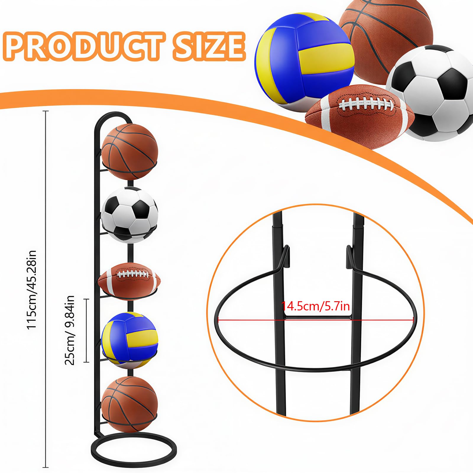 Support de balle en métal noir à 5 niveaux, support de balle debout, rangement de balles, cadre amovible, étagère de rangement pour ballons, convient pour les ballons de football, volley-ball
