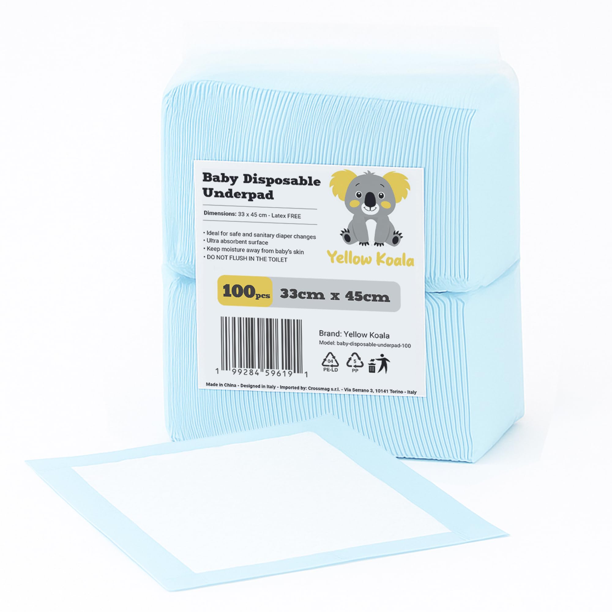 YELLOW KOALA Traversine Neonato Monouso 100 Pezzi 33x45 cm – Panni Assorbenti a 6 Strati, Morbide e Impermeabili – Traversine Pannolini Usa e Getta per Fasciatoio, Incontinenza e Lettino