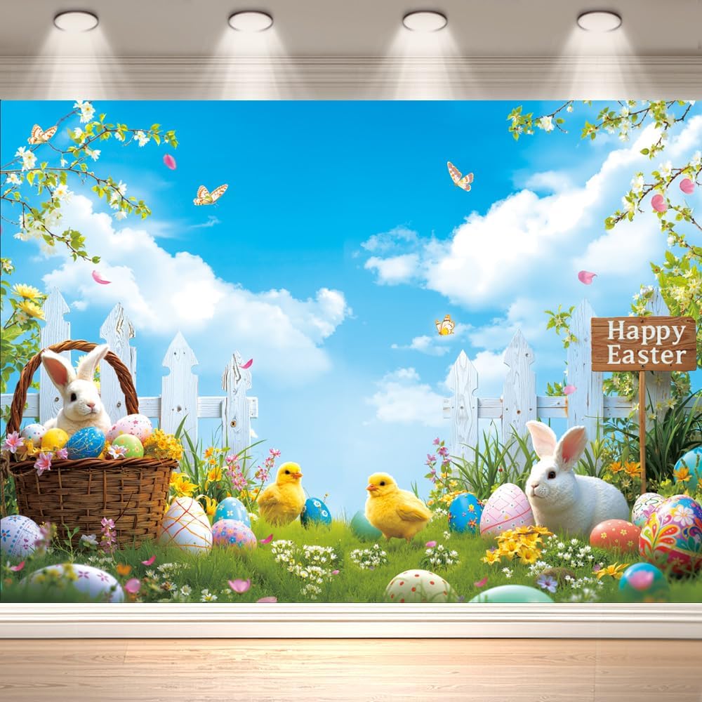 7x5 FT Easter Backdrop Spring Flower Garden Easter Decorations for Photo Background Rabbit Colorful Eggs Fence Grass Wall Decor Photography Background Kids Children Birthday Banner