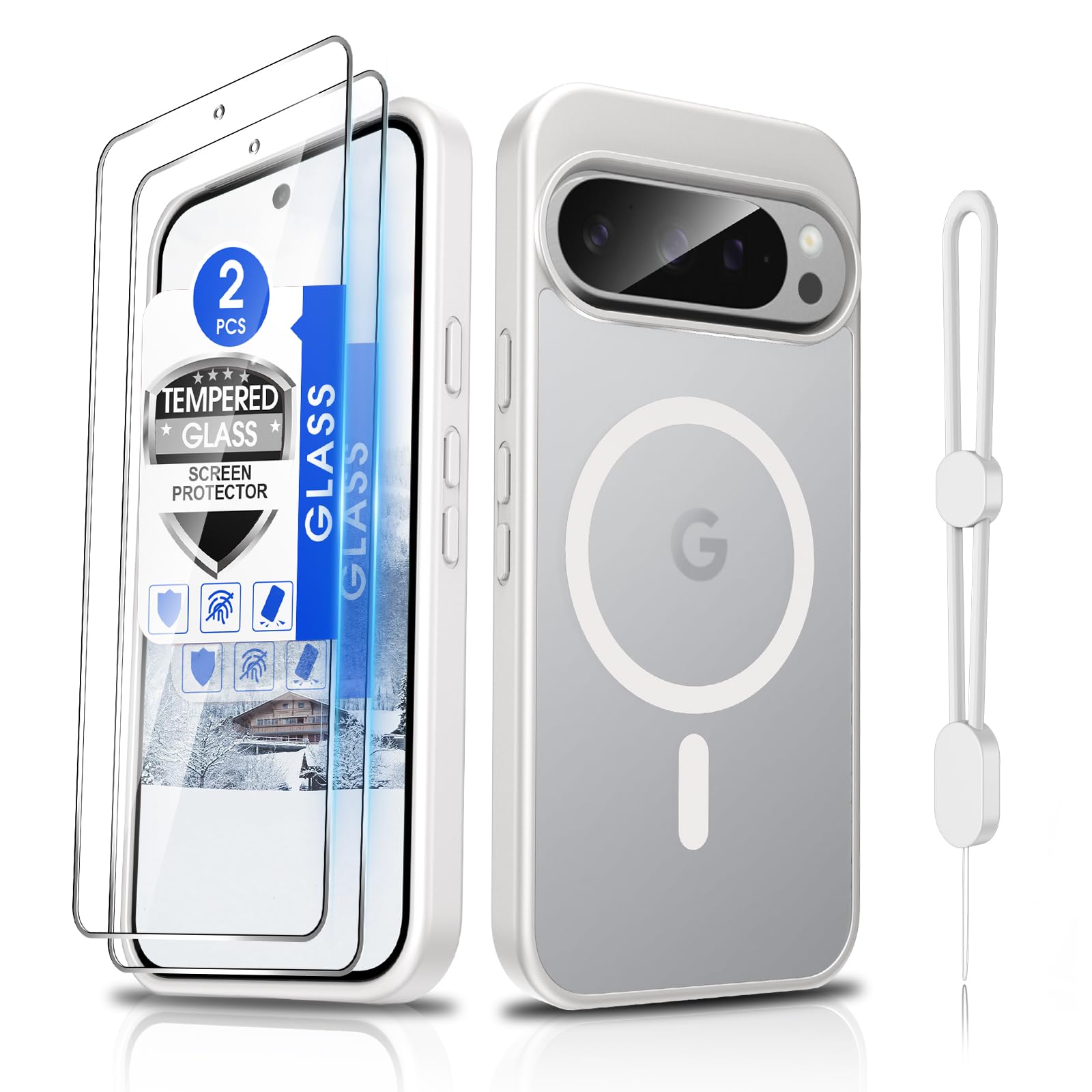 Dizn Magnetic for Google Pixel 9/Pixel 9 Pro Case,[Not Fit Pixel 9 Pro XL],with 2 Tempered Glass Screen Protector,Lanyard,Compatible with MagSafe,Matte Shockproof Protective for 9/9Pro, White