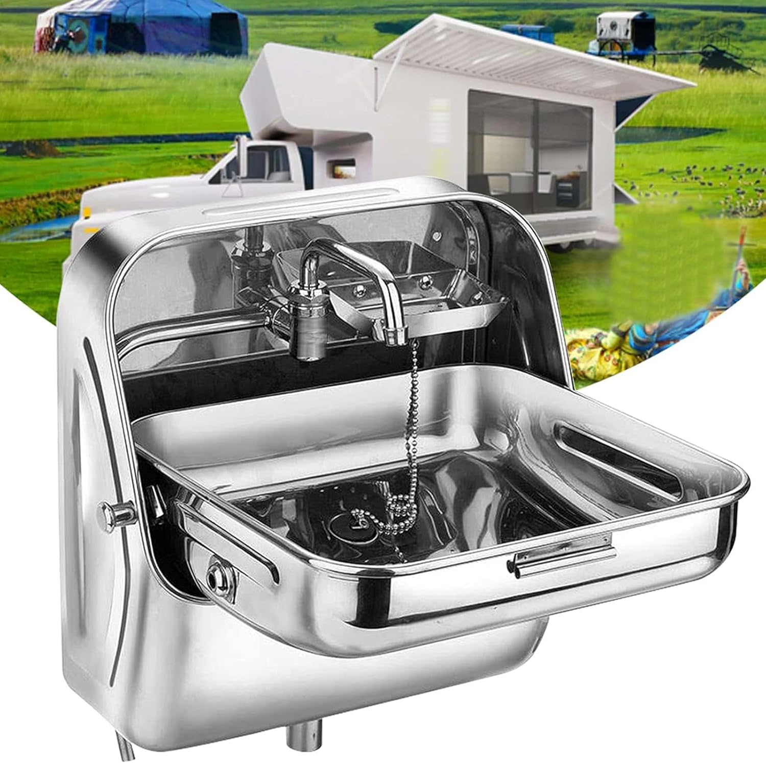 RV Wall-Mounted Sink,Caravan Boat RV Folding Sink with Cold Water Faucet, 304 Stainless Steel Trailer Camper Boat Hand Wash Basin, Wall Mounting,37 * 39 * 37.5cm