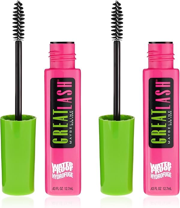 Máscara de pestañas Maybelline Great Lash Waterproof, fórmula voluminizadora, alargadora y que duplica las pestañas para pestañas más gruesas, Very Black, 2 unidades