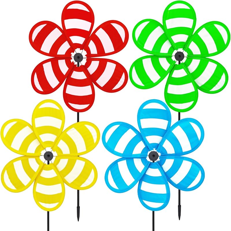 Windmill, 4PCS Garden Wheel Spinner, DIY Pinwheel, 10.2inch Pin Wheel, 4-Color Stripe Fabric Windmill Wheel, Colorful Whirligigs Windmill, Outdoor Courtyard, Lawn, Decoration Wind Spinner