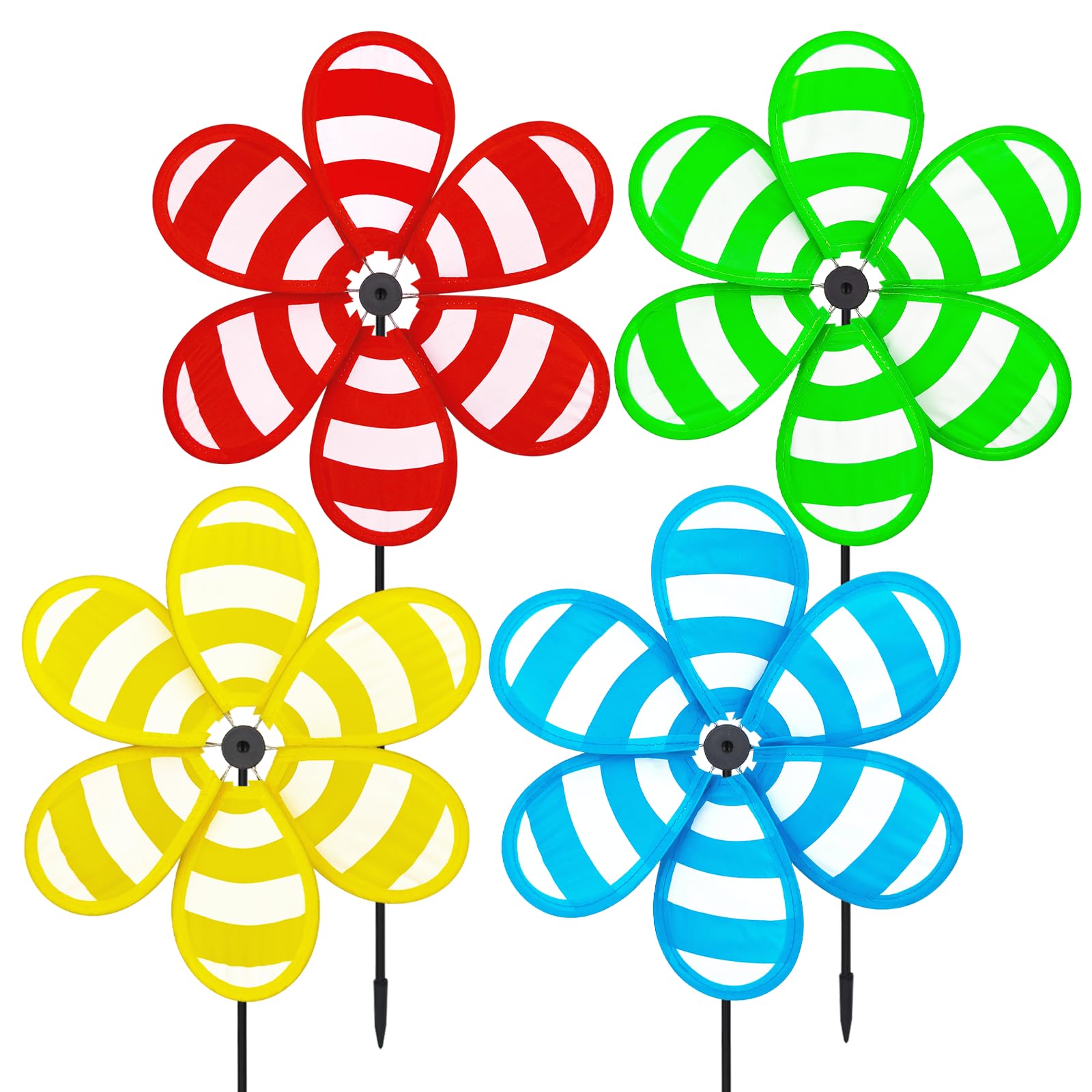 MuuXii Windmill, 4PCS Garden Wheel Spinner, DIY Pinwheel, 10.2inch Pin Wheel, 4-Color Stripe Fabric Windmill Wheel, Colorful Whirligigs Windmill,